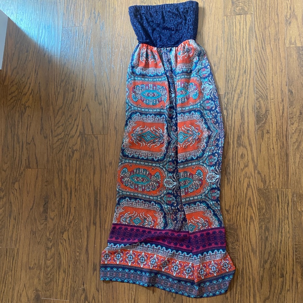 Strapless Boho Maxi Dress in Navy, Orange & Teal